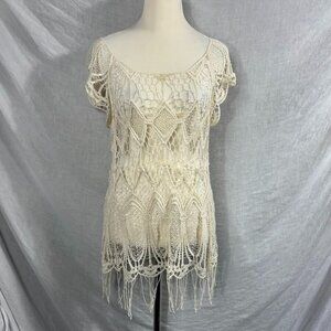 Crochet Lacey Tunic Mini Dress Women L Fringe Festival Hippie Gypsy Boho Cottage